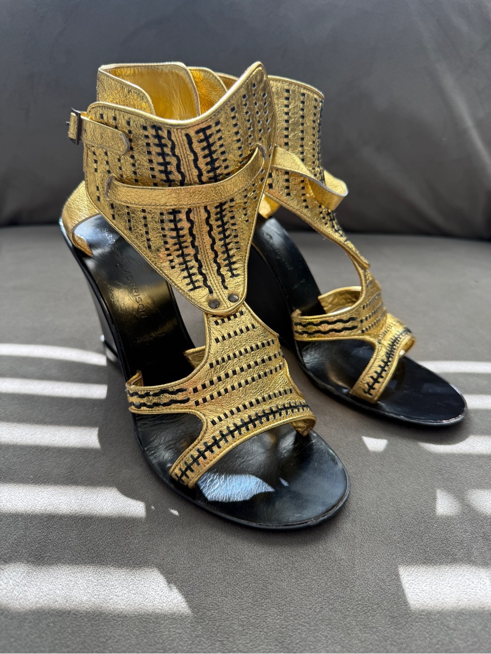 Sigerson Morrison Gold Leather Embroidered Gladiator Wedge Sandals
